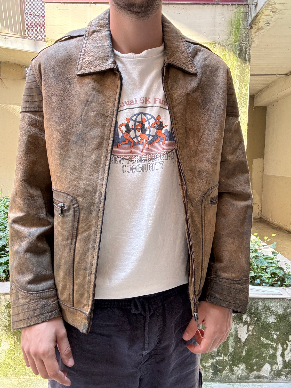 Vintage 1970s Italian Leather Jacket Made in Italy Distressed Cafe Racer Brown