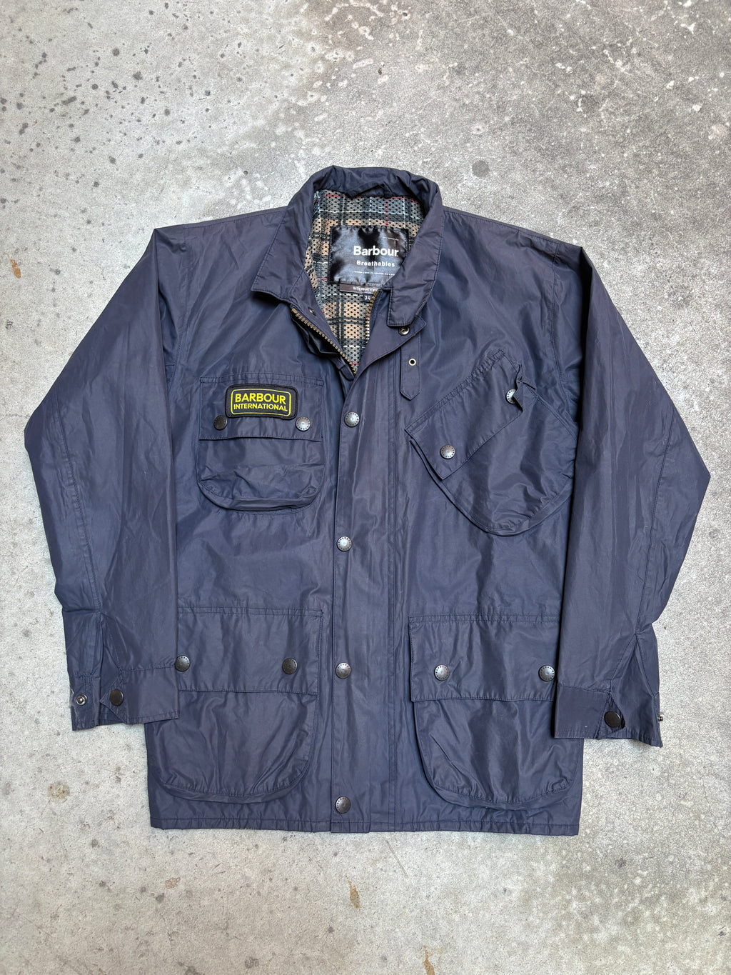 Modern 2004 Barbour International Cracked Wax Biker Jacket Navy Blue 34 A1244