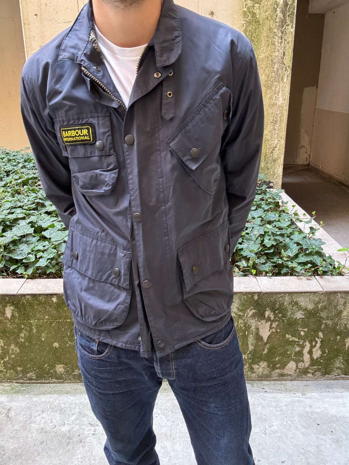 Modern 2004 Barbour International Cracked Wax Biker Jacket Navy Blue 34 A1244