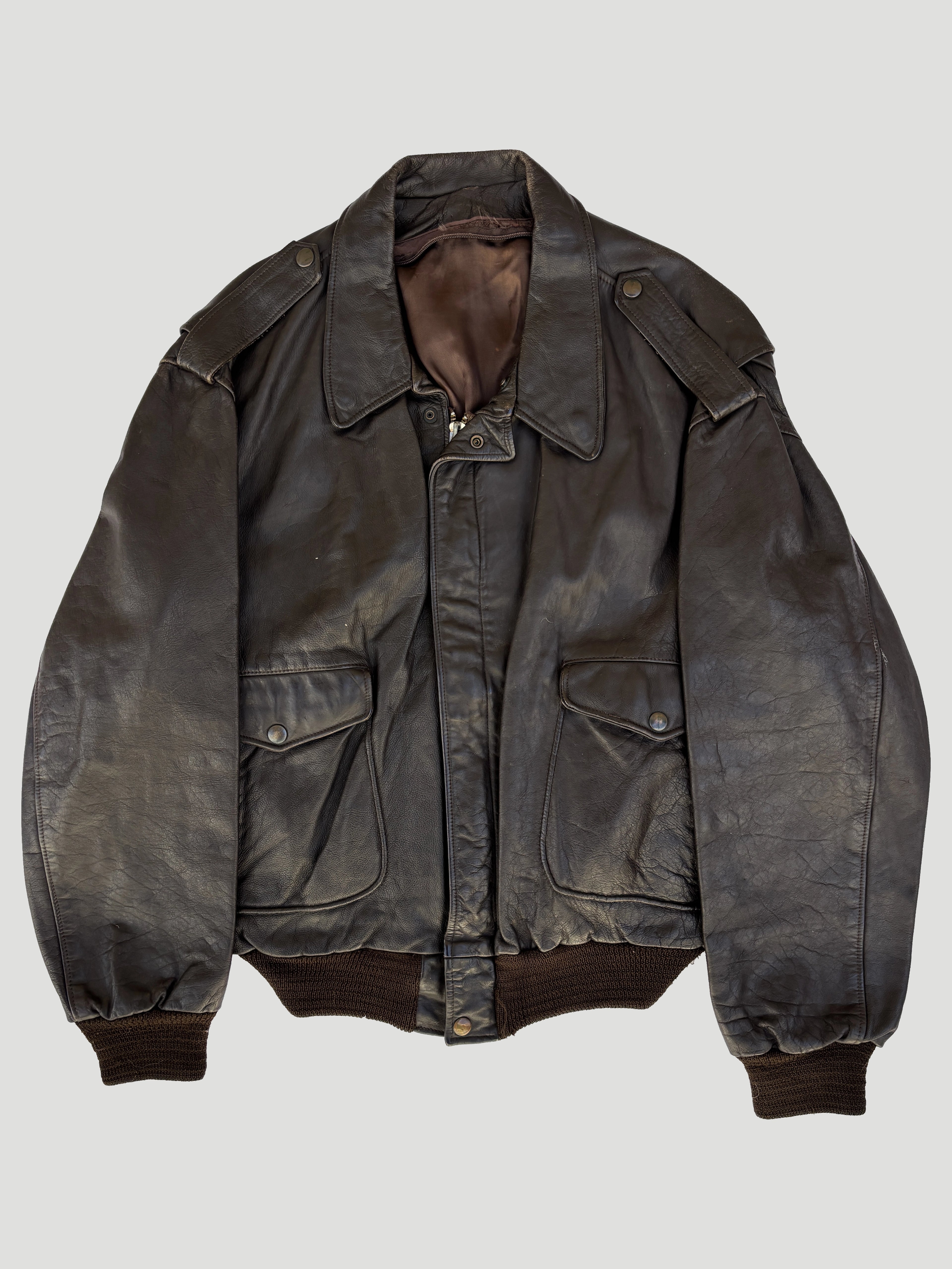 Giacca bomber in pelle marrone da uomo in stile pilota Type A-2 vintage anni 90 (L)