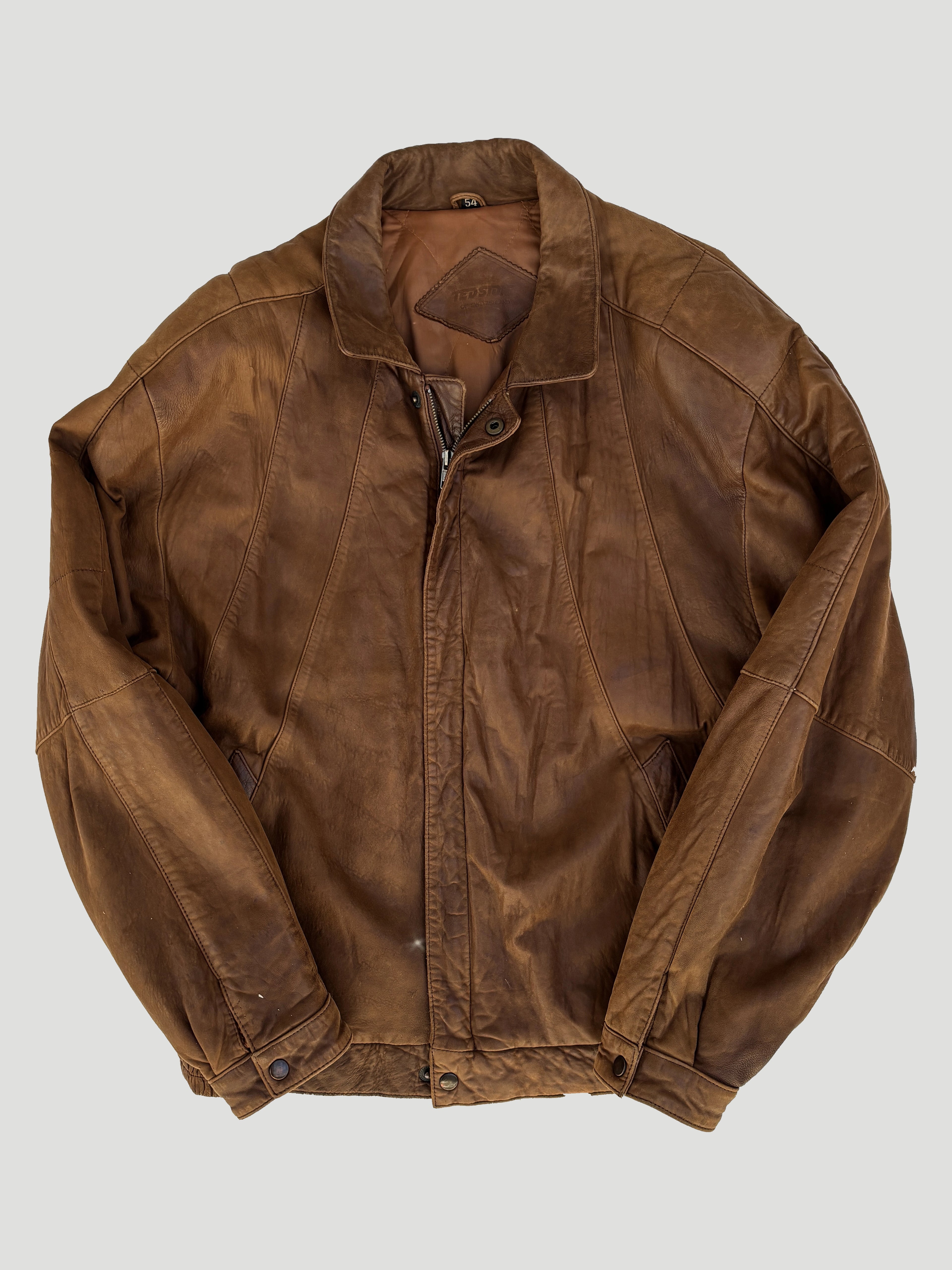 Giacca Ted Stone in pelle marrone da uomo, bomber vintage anni 90 Swiss Made (XL)